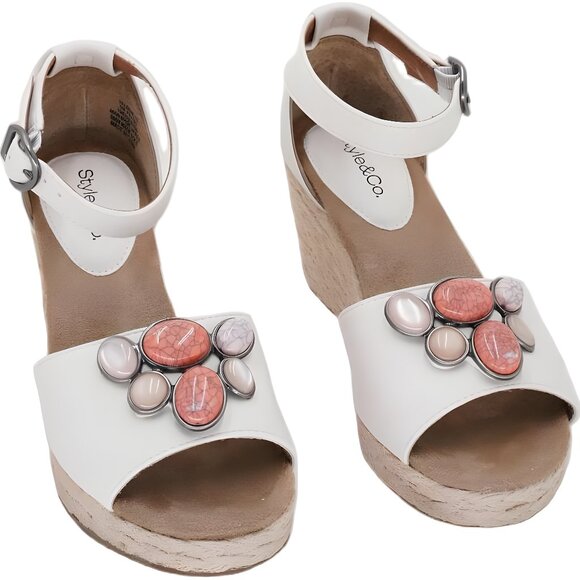 Style & Co Seleeney White Wedge Sandals with Gem Accents Women US 5M - Picture 1 of 6